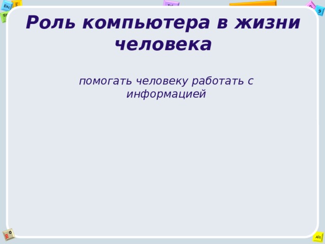 Роль компьютера в жизни человека  помогать человеку работать с информацией