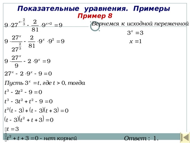 Показательные уравнения. Примеры Пример 8