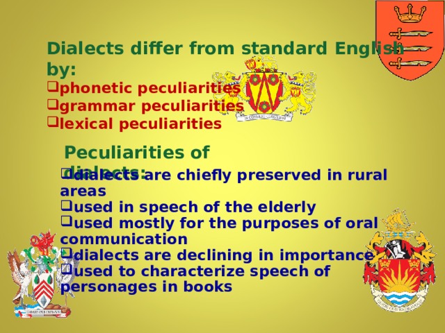 Dialects differ from standard English by: phonetic peculiarities grammar peculiarities lexical peculiarities Peculiarities of dialects :