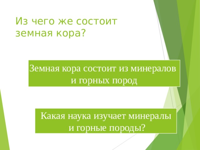 Из чего же состоит земная кора? Земная кора состоит из минералов и горных пород Какая наука изучает минералы  и горные породы?