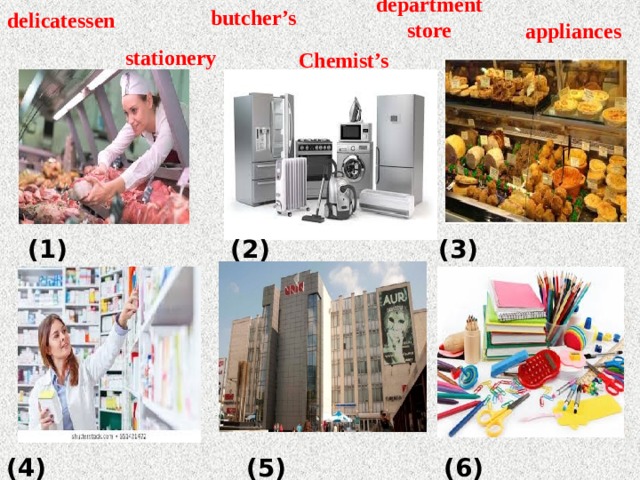 butcher’s department store delicatessen appliances Chemist’s stationery (1) (2) (3) (4) (5) (6)
