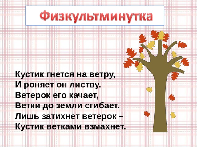 Кустик гнется на ветру,  И роняет он листву.  Ветерок его качает,  Ветки до земли сгибает.  Лишь затихнет ветерок –  Кустик ветками взмахнет.