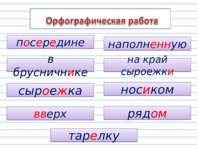 п о с е р е дине наполн енн ую в брусничн и ке на край сыроежк и нос и ком сыр о е ж ка ряд ом вв ерх тар е лку