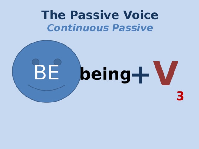 The Passive Voice  Continuous Passive BE Am Is Are Was Were V + being 3