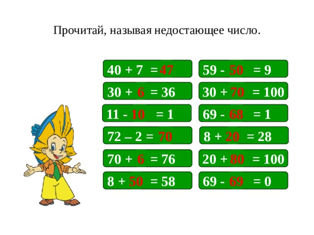 Прочитай, называя недостающее число. 50 59 - = 9 40 + 7 = 47 30 + = 100 30 + = 36 70 6 10 68 11 - = 1 69 - = 1 72 – 2 = 20 8 + = 28 70 На примеры подключены триггеры. 6 80 70 + = 76 20 + = 100 69 - = 0 50 69 8 + = 58