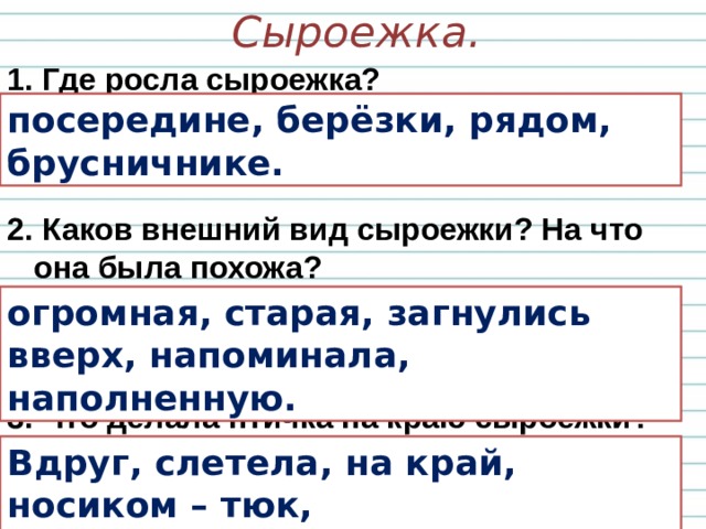 Сыроежка.  Где росла сыроежка?     Каков внешний вид сыроежки? На что она была похожа?     Что делала птичка на краю сыроежки?   посередине, берёзки, рядом, брусничнике. огромная, старая, загнулись вверх, напоминала, наполненную. Вдруг, слетела, на край, носиком – тюк, попила и полетела.