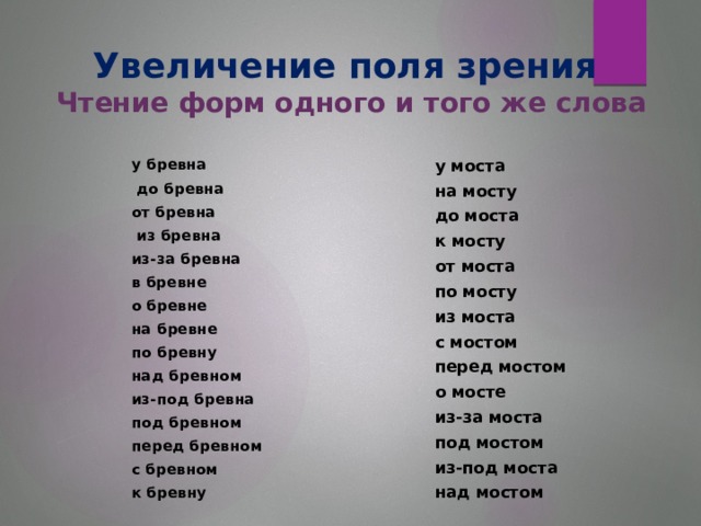 Увеличение поля зрения  Чтение форм одного и того же слова у бревна   у моста    до бревна на мосту от бревна   до моста    из бревна к мосту из-за бревна от моста   в бревне по мосту о бревне из моста   с мостом на бревне  перед мостом  по бревну  о мосте над бревном из-за моста   из-под бревна под мостом под бревном из-под моста перед бревном над мостом с бревном к бревну