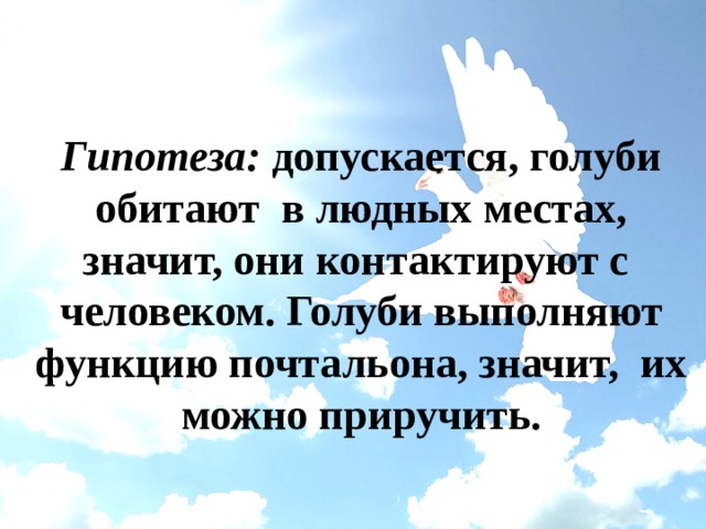 Жильё голубей Домик голубей –голубятня   Гипотеза: допускается, голуби обитают в людных местах, значит, они контактируют с человеком. Голуби выполняют функцию почтальона, значит, их можно приручить.