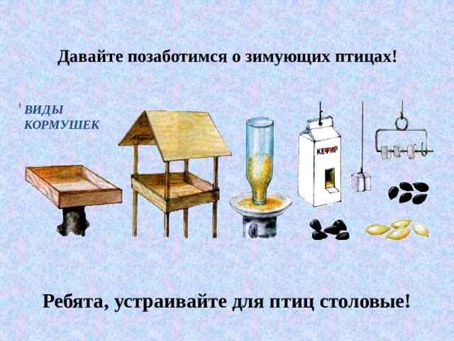 Давайте позаботимся о зимующих птицах!    ВИДЫ КОРМУШЕК Ребята, устраивайте для птиц столовые!