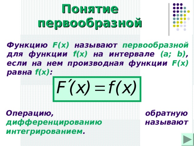 Понятие первообразной Функцию F(x)  называют первообразной для функции f(x) на интервале (a; b) , если на нем производная функции F(x) равна f(x) :  Операцию, обратную дифференцированию  называют интегрированием .