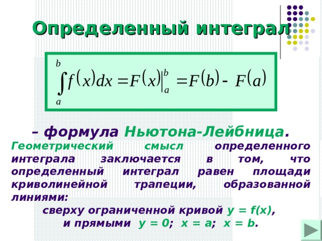 Определенный интеграл – формула Ньютона-Лейбница . Геометрический смысл определенного интеграла заключается в том, что определенный интеграл равен площади криволинейной трапеции, образованной линиями: сверху ограниченной кривой у = f(x) ,  и прямыми у = 0 ; х = а ; х = b .