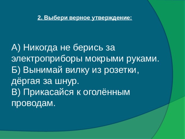 2. Выбери верное утверждение:   А) Никогда не берись за электроприборы мокрыми руками. Б) Вынимай вилку из розетки, дёргая за шнур. В) Прикасайся к оголённым проводам.