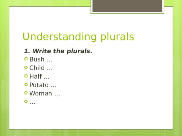 Understanding plurals 1. Write the plurals.