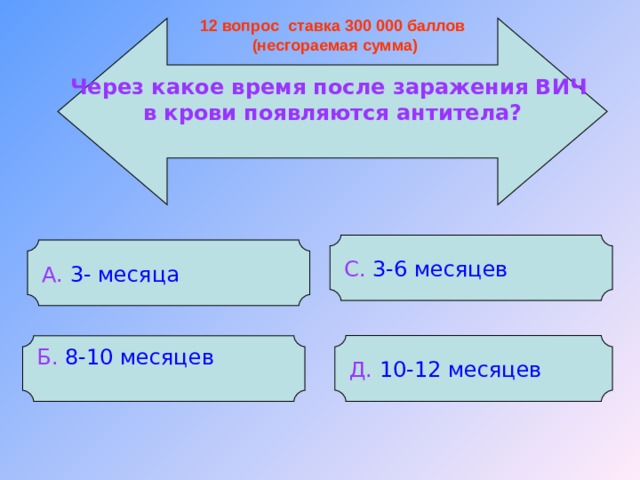 12 вопрос ставка 300 000 баллов  (несгораемая сумма) Через какое время после заражения ВИЧ в крови появляются антитела? С. 3-6 месяцев А.  3- месяца Д.  10-12 месяцев Б.  8-10 месяцев