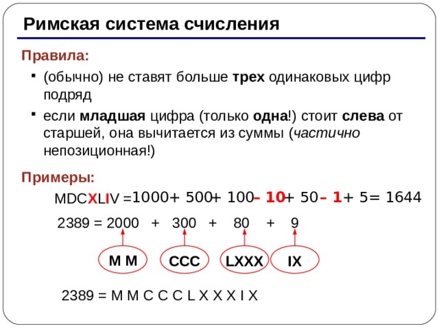 Римская система счисления Правила : (обычно) не ставят больше трех одинаковых цифр  подряд если младшая цифра (только одна !) стоит слева от старшей, она вычитается из суммы ( частично непозиционная!) (обычно) не ставят больше трех одинаковых цифр  подряд если младшая цифра (только одна !) стоит слева от старшей, она вычитается из суммы ( частично непозиционная!) Примеры :   MDC X L I V = + 5 = 1 644 + 500 – 1 + 50 – 10 + 100 1000 2389 = 2000 + 300 + 80 + 9 M M CCC LXXX IX 2389 = M M C C C L X X X I X 12