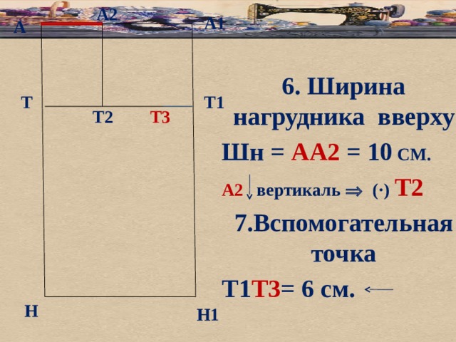 А2 А1 А 6. Ширина нагрудника вверху Шн = АА2 = 10 СМ. А2 вертикаль   ( ·) Т2 7.Вспомогательная точка Т1 Т3 = 6 см.   Т1 Т Т3 Т2 Н Н1
