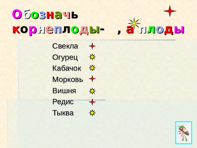 О б о з н а ч ь к о р н е п л о д ы - , а  п л о д ы  Свекла Огурец Кабачок Морковь Вишня Редис Тыква