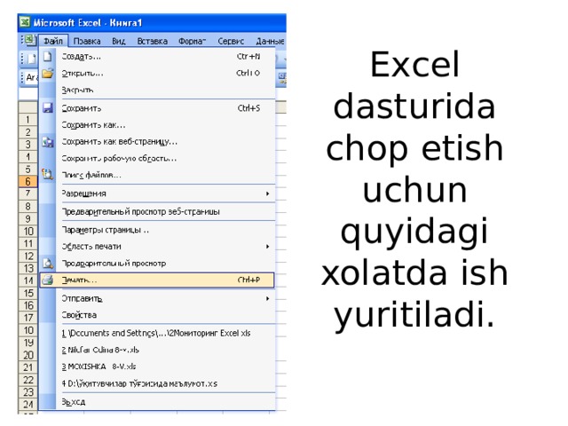 Excel dasturida chop etish uchun quyidagi xolatda ish yuritiladi.