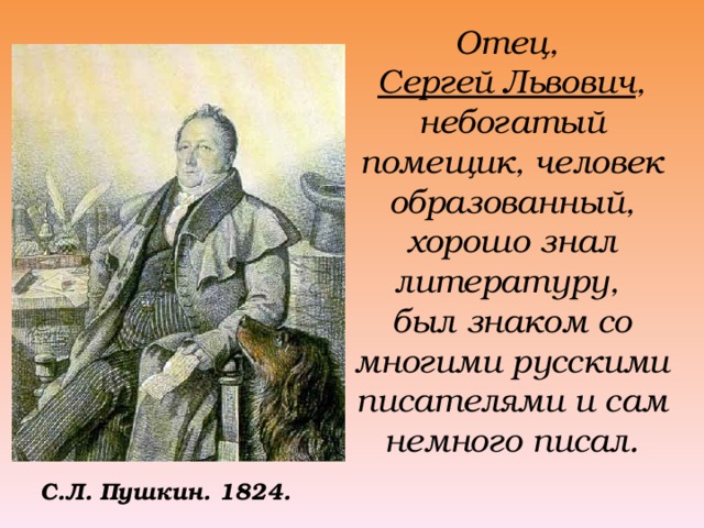 Отец, Сергей Львович , небогатый помещик, человек образованный, хорошо знал литературу, был знаком со многими русскими писателями и сам немного писал. С.Л. Пушкин. 1824.