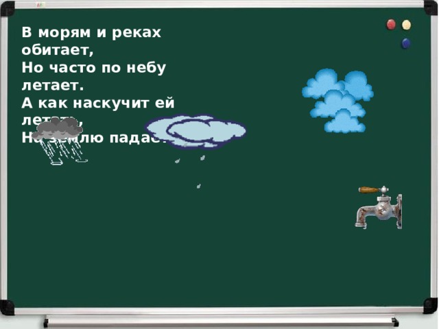 В морям и реках обитает,  Но часто по небу летает.  А как наскучит ей летать,  На землю падает опять.