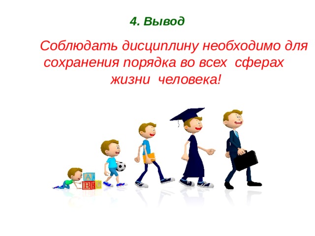 4. Вывод  Соблюдать дисциплину необходимо для сохранения порядка во всех сферах жизни человека!