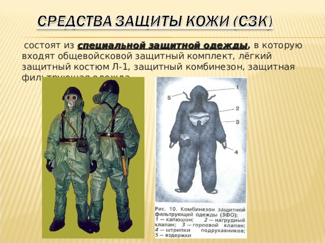 состоят из специальной защитной одежды , в которую входят общевойсковой защитный комплект, лёгкий защитный костюм Л-1, защитный комбинезон, защитная фильтрующая одежда.