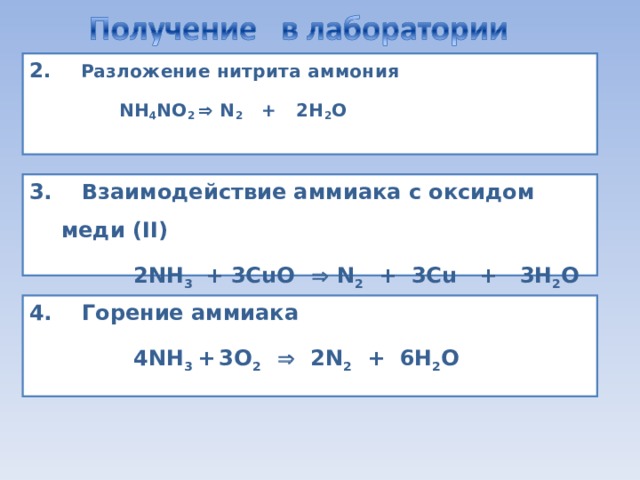 2. Разложение нитрита аммония  NH 4 NO 2  N 2 + 2 H 2 O      3 . Взаимодействие аммиака с оксидом меди (II)  2NH 3 + 3CuO   N 2 + 3Cu + 3 H 2 O     4. Горение аммиака  4 NH 3 +  3 O 2   2 N 2 + 6 H 2 O