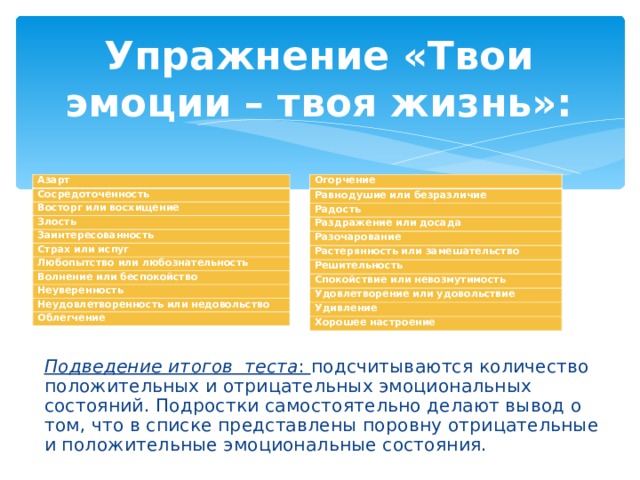 Упражнение «Твои эмоции – твоя жизнь»: Азарт Огорчение Сосредоточенность Равнодушие или безразличие Радость Восторг или восхищение Злость Раздражение или досада Заинтересованность Разочарование Растерянность или замешательство Страх или испуг Любопытство или любознательность Решительность Волнение или беспокойство Спокойствие или невозмутимость Неуверенность Удовлетворение или удовольствие Неудовлетворенность или недовольство Удивление Хорошее настроение Облегчение Подведение итогов теста : подсчитываются количество положительных и отрицательных эмоциональных состояний. Подростки самостоятельно делают вывод о том, что в списке представлены поровну отрицательные и положительные эмоциональные состояния.