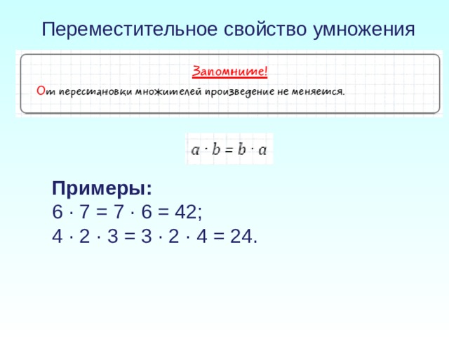 Переместительное свойство умножения    Примеры: 6 · 7 = 7 · 6 = 42; 4 · 2 · 3 = 3 · 2 · 4 = 24.