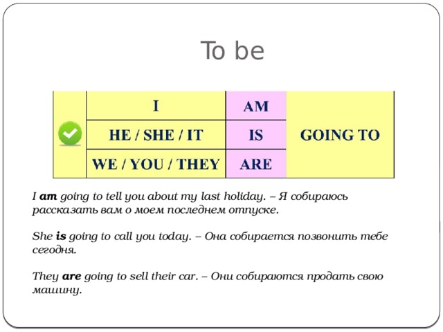To be I am going to tell you about my last holiday. – Я собираюсь рассказать вам о моем последнем отпуске.   She is going to call you today. – Она собирается позвонить тебе сегодня.   They are going to sell their car. – Они собираются продать свою машину.