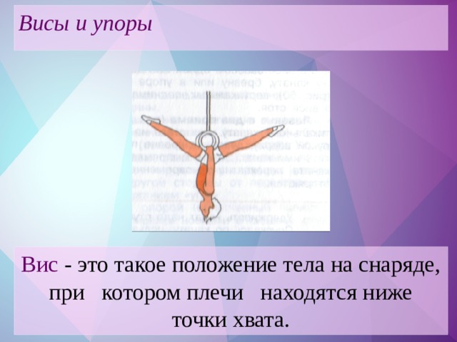 Висы и упоры Вис - это такое положение тела на снаряде, при котором плечи находятся ниже точки хвата.