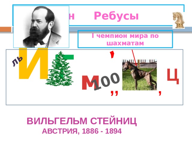 100 , ль I чемпион Ребусы I чемпион мира по шахматам И г Ц м ,, , вИЛЬгельм Стейниц Австрия, 1886 - 1894