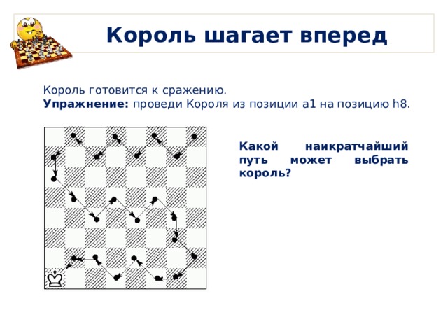 Король шагает вперед Король готовится к сражению. Упражнение: проведи Короля из позиции а1 на позицию h8. Какой наикратчайший путь может выбрать король?