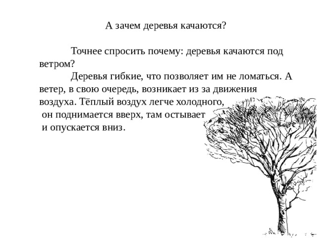 А зачем деревья качаются?  Точнее спросить почему: деревья качаются под ветром?  Деревья гибкие, что позволяет им не ломаться. А ветер, в свою очередь, возникает из за движения воздуха. Тёплый воздух легче холодного,  он поднимается вверх, там остывает  и опускается вниз.