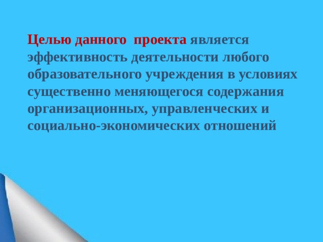 Целью данного проекта является  эффективность деятельности любого образовательного учреждения в условиях существенно меняющегося содержания организационных, управленческих и социально-экономических отношений