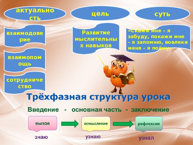 цель актуальность суть Развитие мыслительных навыков взаимодоверие «Скажи мне – я забуду, покажи мне – я запомню, вовлеки меня – я пойму» взаимопомощь сотрудничество