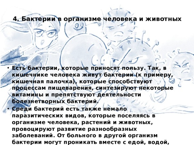 4. Бактерии в организме человека и животных   Есть бактерии, которые приносят пользу. Так, в кишечнике человека живут бактерии (к примеру, кишечная палочка), которые способствуют процессам пищеварения, синтезируют некоторые витамины и препятствуют деятельности болезнетворных бактерий. Среди бактерий есть также немало паразитических видов, которые поселяясь в организме человека, растений и животных, провоцируют развитие разнообразных заболеваний. От больного в другой организм бактерии могут проникать вместе с едой, водой, воздухом, через покровы тела.