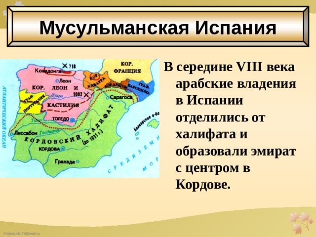 Мусульманская Испания В середине VIII века арабские владения в Испании отделились от халифата и образовали эмират с центром в Кордове.