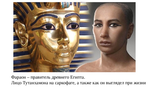Фараон – правитель древнего Египта. Лицо Тутанхамона на саркофаге, а также как он выглядел при жизни