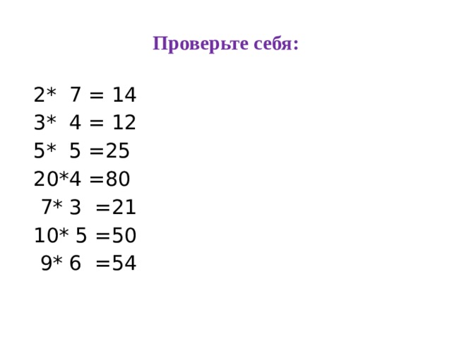 Проверьте себя:    2* 7 = 14  3* 4 = 12  5* 5 =25  20*4 =80  7* 3 =21  10* 5 =50  9* 6 =54