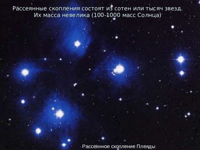 Рассеянные скопления состоят из сотен или тысяч звезд.  Их масса невелика (100-1000 масс Солнца) Рассеянное скопление Плеяды