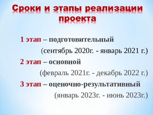 1 этап – подготовительный ( сентябрь 2020г. - январь 2021 г.) 2 этап – основной  (февраль 2021г. - декабрь 2022 г.) 3 этап – оценочно-результативный  (январь 2023г. - июнь 2023г.)