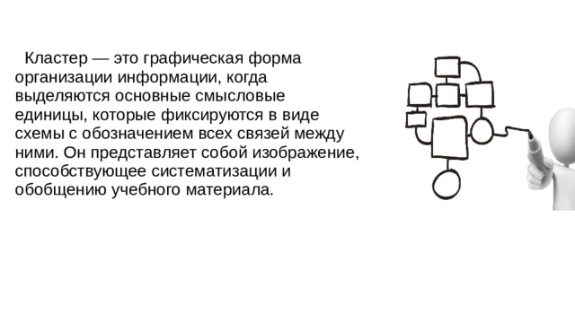 Кластер — это графическая форма организации информации, когда выделяются основные смысловые единицы, которые фиксируются в виде схемы с обозначением всех связей между ними. Он представляет собой изображение, способствующее систематизации и обобщению учебного материала. 