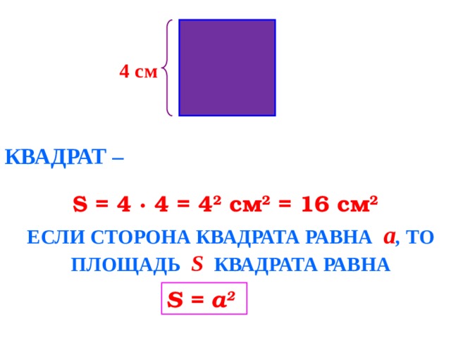 4 см КВАДРАТ –  S = 4 · 4 = 4 2 см 2 = 16 см 2 ЕСЛИ СТОРОНА КВАДРАТА РАВНА а , ТО ПЛОЩАДЬ S КВАДРАТА РАВНА S = a 2