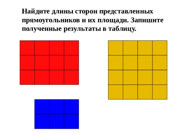 Найдите длины сторон представленных прямоугольников и их площади. Запишите полученные результаты в таблицу.