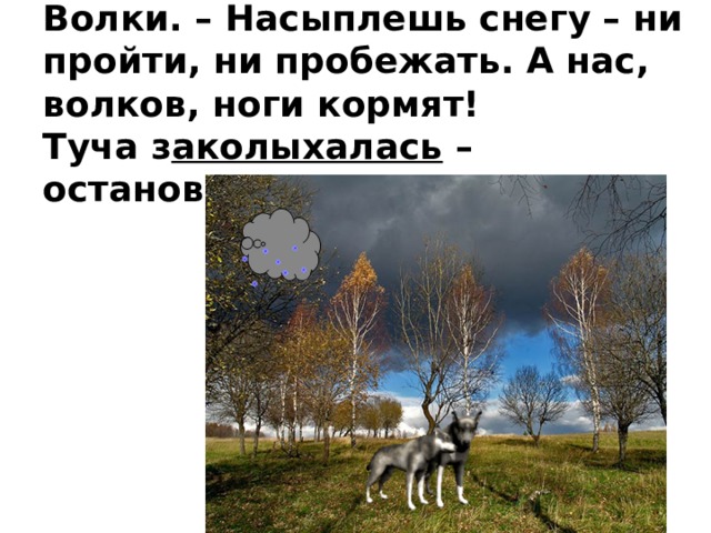 – Сто-ой, сто-ой! – завыли Волки. – Насыплешь снегу – ни пройти, ни пробежать. А нас, волков, ноги кормят!  Туча з аколыхалась – остановилась .