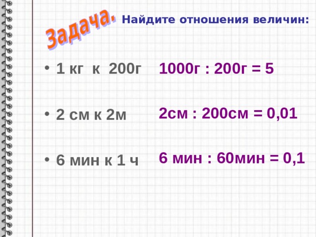 Найдите отношения величин: 1 кг к 200г 1000г : 200г = 5  2 см к 2м  6 мин к 1 ч 2см : 200см = 0,01 6 мин : 60мин = 0,1