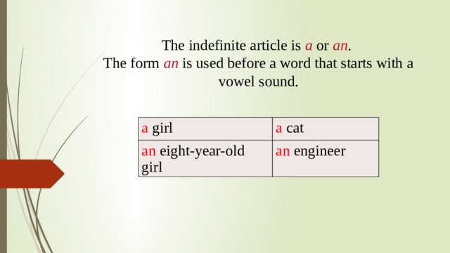 The indefinite article is  a  or  an . The form  an  is used before a word that starts with a vowel sound. a  girl an  eight-year-old girl a  cat an  engineer