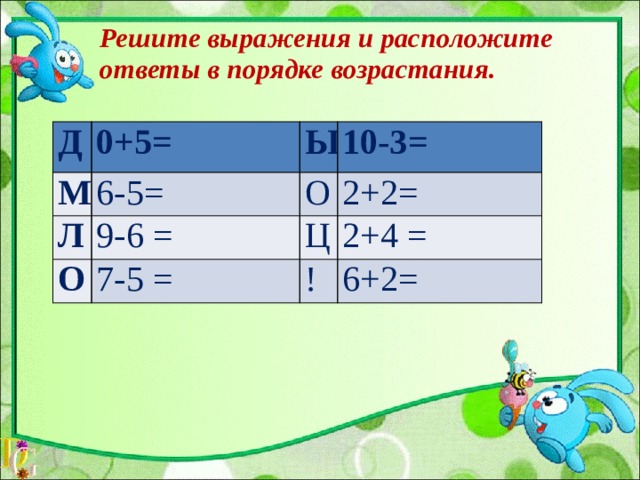 Решите выражения и расположите ответы в порядке возрастания.   Д 0+5= М 6-5= Ы Л О 10-3= О 9-6 = 7-5 = 2+2= Ц 2+4 = ! 6+2=