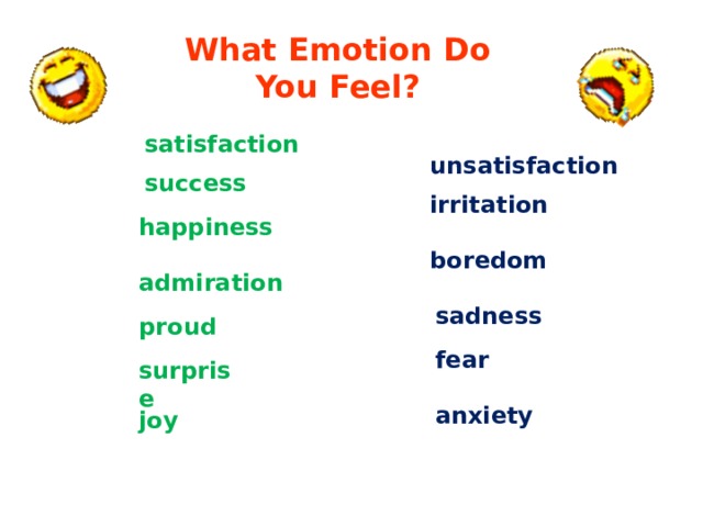 What Emotion Do You Feel? satisfaction unsatisfaction success irritation happiness boredom admiration sadness proud fear surprise anxiety joy